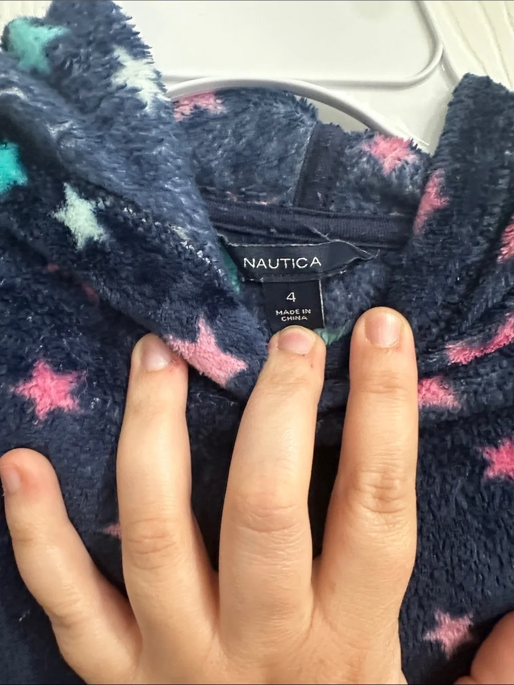 Nautica Navy Fleece Hoodie with Pink, Teal, and White Stars